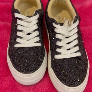 Betsey Johnson Black Glitter Platform Sneakers with White Laces